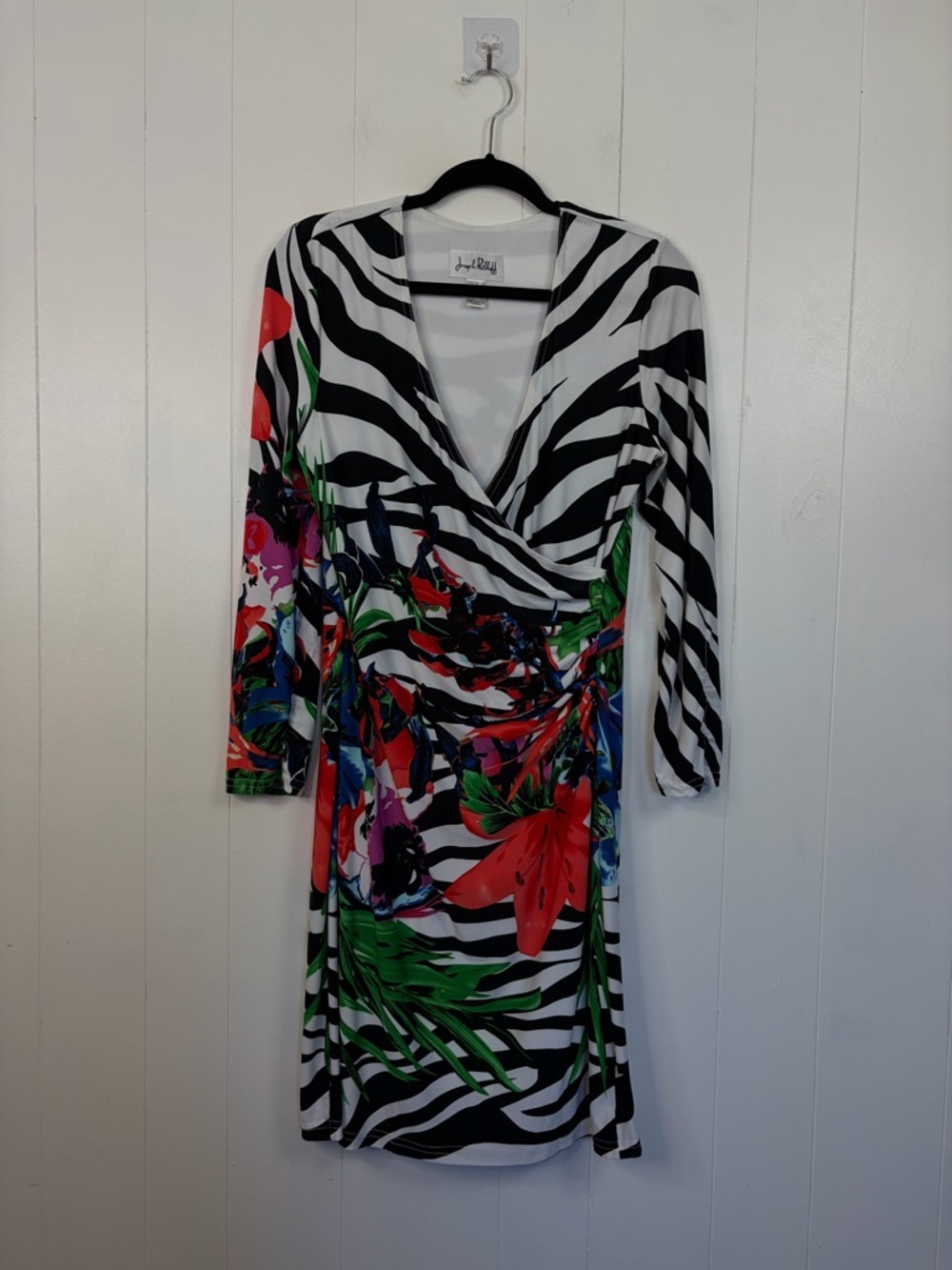 Joseph Ribkoff Dress Size 10 Zebra Floral Knee Length 3/4 Sleeve Wrap Stretch - Picture 4 of 11